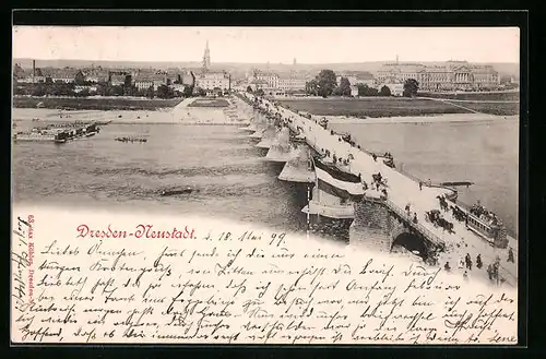 AK Dresden-Neustadt, Panorama mit Brücke und Pferdebahn