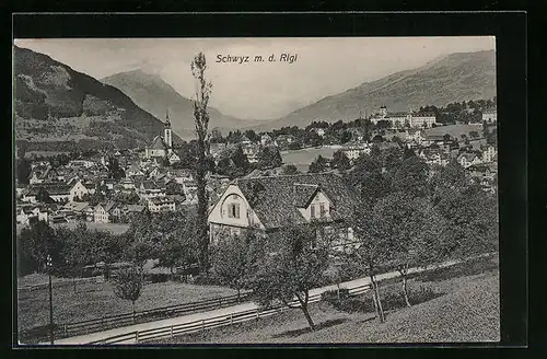 AK Schwyz, Ortsansicht mit Kirche & Rigi