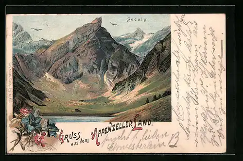 Lithographie Schwende /Appenzeller Land, Seealp mit Blumen
