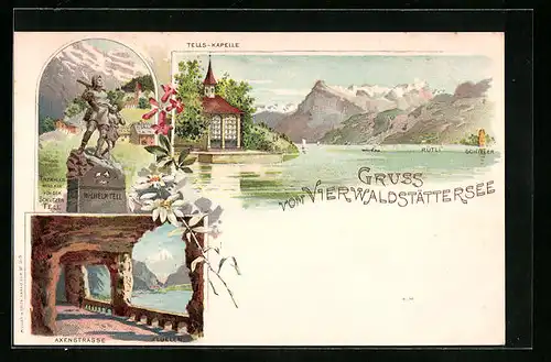 Lithographie Flüelen /Vierwaldstättersee, Tells-Kapelle, Axenstrasse