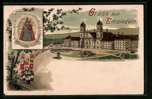 Lithographie Einsiedeln, Kloster mit Marienprozession