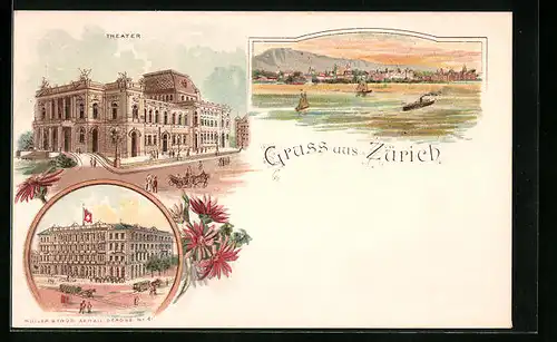 Lithographie Zürich, Ortsansicht. Theater, See mit Booten