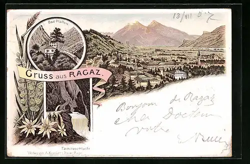 Lithographie Ragaz, Ortsansicht, Bad Pfäffers, Taminaschlucht