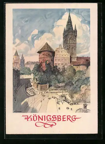 Künstler-AK Königsberg i. Pr., Strassenpartie am Schloss