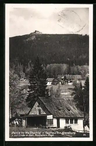 AK Schreiberhau, Partie im Weissbachtal mit Gasthaus zur Abendburg und zur Linde mit dem Hochstein