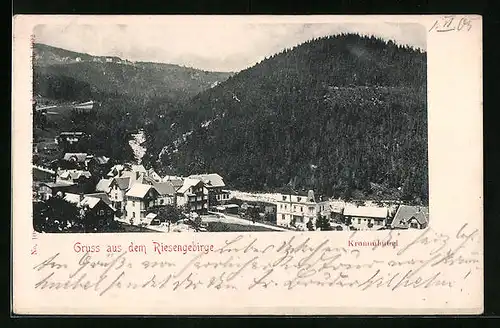 AK Krummhübel, Ortsansicht aus der Vogelschau mit Berg
