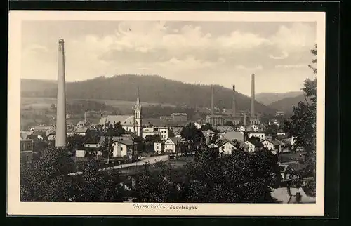 AK Parschnitz, Ortsansicht aus der Vogelschau mit Kirche und Schornsteinen