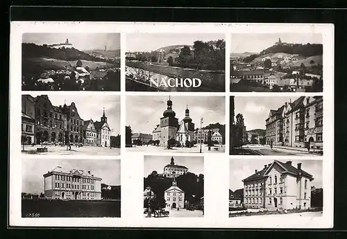 AK Nachod, Strassenpartie, Kirche, Stadthäuser