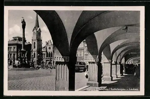 AK Trautenau / Trutnov, Lauben mit Denkmal