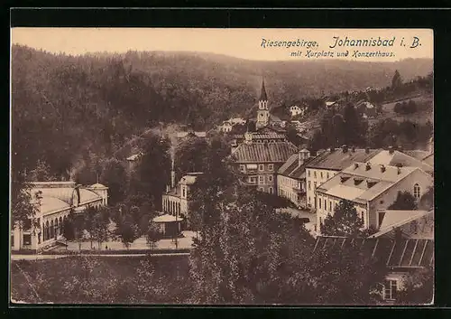 AK Johannisbad / Janske Lazne, Ortsansicht von oben mit Kurplatz und Konzerthaus