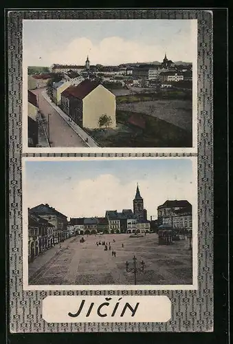 AK Jitschin / Gitschin / Jicin, Ortsansicht aus der Vogelschau, Marktplatz