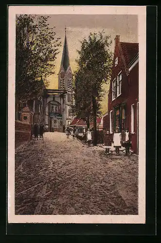 AK Ouderkerk, Strassenpartie mit Kirche, Kerk