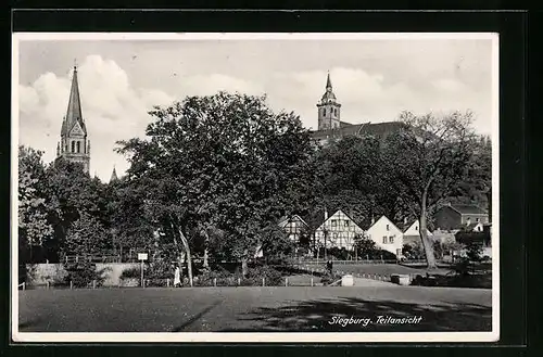 AK Siegburg, Teilansicht mit Kirche und Park