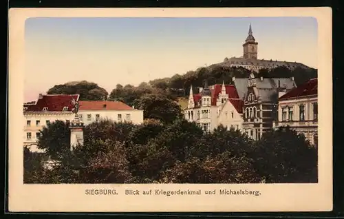 AK Siegburg, Blick auf Kriegerdenkmal und Michaelsberg