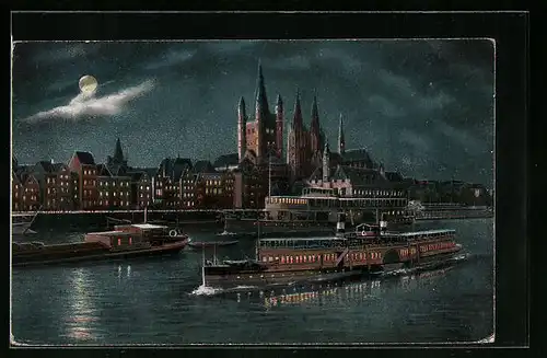 Mondschein-AK Köln a. Rh., Ortsansicht vom Rhein aus mit Schiffen