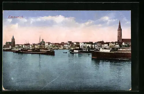 AK Emmerich, Ortsansicht vom Wasser aus mit Lastkähnen