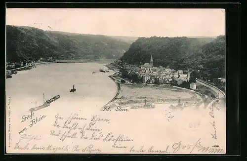 AK St. Goar, Ortsansicht aus der Vogelschau mit Rheinpartie und Schiffen