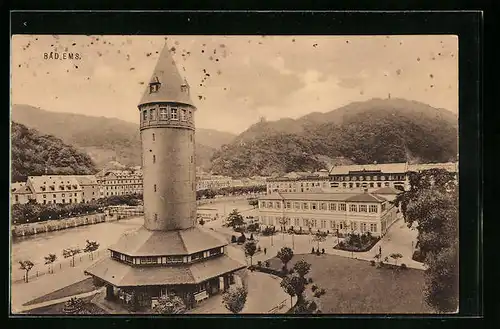 AK Bad Ems, Ortsansicht mit Turm und Hügeln