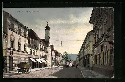 AK Murnau, Hauptstrasse mit Kirche und Fuhrwerk
