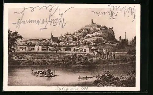 AK Siegburg, Ortsansicht etwa 1850, Flusspartie mit Booten