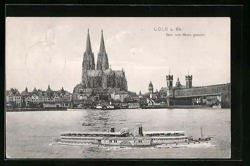 AK Cöln a. Rh., Dom vom Rhein gesehen, mit Schiff