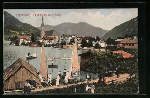 AK Egern /Tegernsee, Segelbetrieb am See mit Ortsansicht