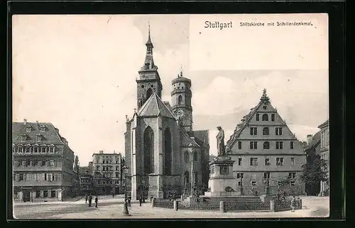 AK Stuttgart, Stiftskirche mit Schillerdenkmal