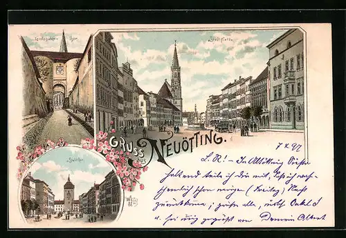 Lithographie Neuötting, Stadtplatz, Landshuter Thor, Stadtthor