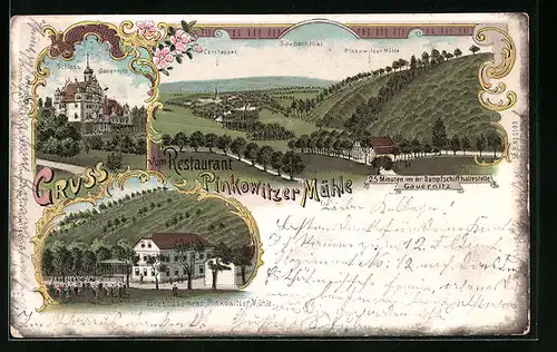 Lithographie Gauernitz, Gasthaus Pinkowitzer Mühle, Schloss