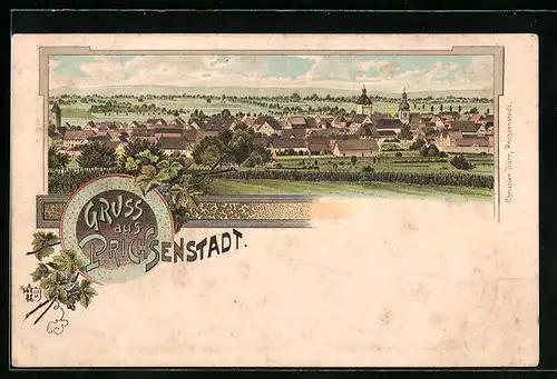 Lithographie Prichsenstadt, Ortsansicht mit Blick ins Land