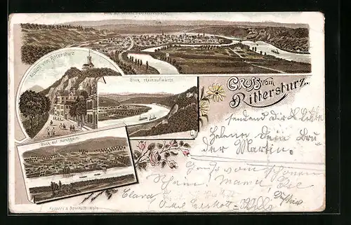 Vorläufer-Lithographie Koblenz, 1895, Panorama, Ansicht vom Rittersturz, Horchheim