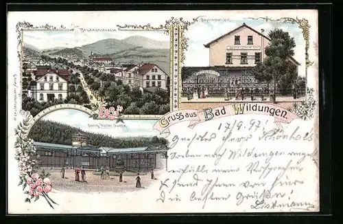 Lithographie Bad Wildungen, Restaurant Bayerischer Hof, Brunnenstrasse, Georg-Victor-Quelle