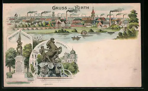 Lithographie Fürth, Totalansicht im Industriegebiet, Kriegerdenkmal, Kunstbrunnen
