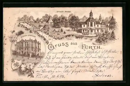 Lithographie Fürth, Restaurant im Stadtpark, Logengebäude der Freimaurer