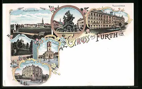 Lithographie Fürth, Poppenreuther Brücke, Promenadenstrasse, Kunstbrunnen, Alte Veste