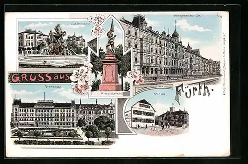 Lithographie Fürth, Kunstbrunnen, Promenade, Alte Veste, Kriegerdenkmal