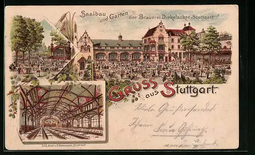Lithographie Stuttgart, Restaurant, Saalbau und Garten der Brauerei Dinkelacker, Innenansicht