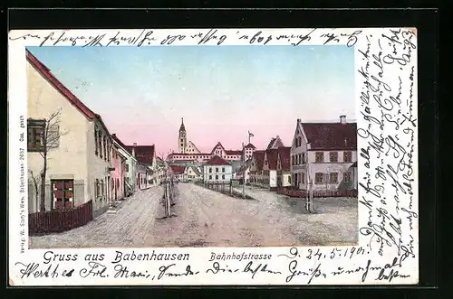 Goldfenster-AK Babenhausen, Gebäude der Bahnhofstrasse mit leuchtenden Fenstern