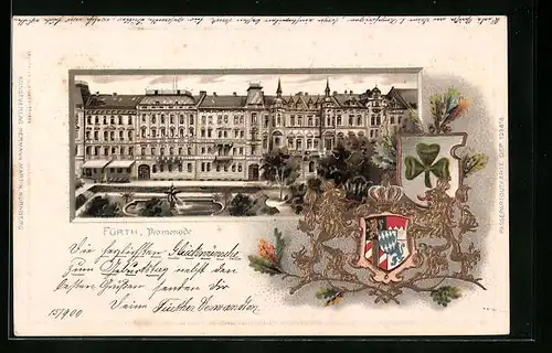 Passepartout-Lithographie Fürth, Promenade mit Brunnen, Wappen