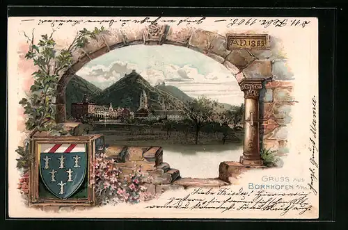 Passepartout-Lithographie Bornhofen a /Rh., Uferpartie mit Kirche, Wappen