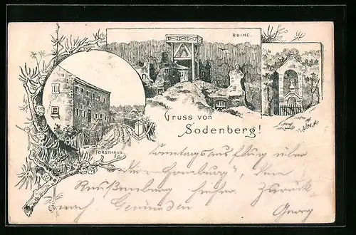 Lithographie Sodenberg, Forsthaus, Ruine, Kapelle