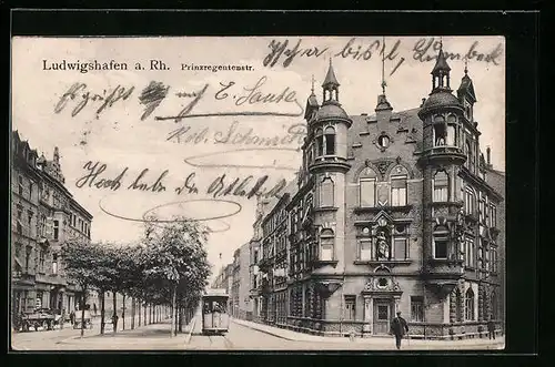 AK Ludwigshafen a.Rh., Prinzregentenstrasse mit Strassenbahn