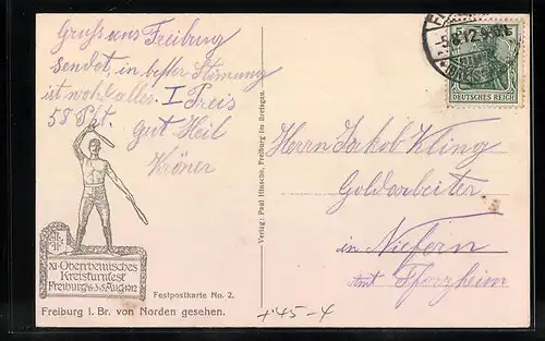 AK Freiburg i. Br., XI. Oberrheinisches Kreisturnfest 1912, Teilansicht mit Kirche und Strassenpartie, Wappen des DTB