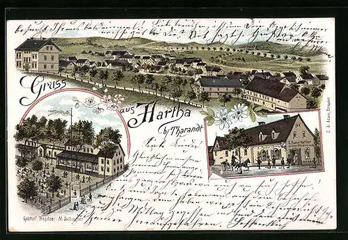 Lithographie Hartha b. Tharandt, Gasthof von M. Schirmer, Geschäft von E. Fedor Vörtler, Teilansicht