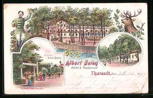 Lithographie Tharandt, Hôtel & Restaurant Albert Salon, Terrasse, Eingang