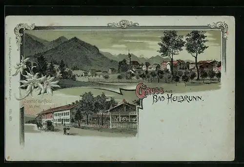 Lithographie Bad Heilbrunn, Gasthof zur Post, Teilansicht mit Kirche