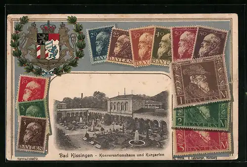 Präge-AK Bad Kissingen, Konversationshaus und Kurgarten, Briefmarken und Wappen, Passepartout