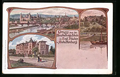 Lithographie Aschaffenburg, Haushaltungs-Schule der Englischen Fräulein, Teilansicht mit Brücke