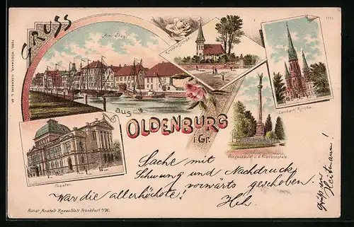 Lithographie Oldenburg i. Gr. theater, Am Stau, Siegessäule a. d. Friedensplatz