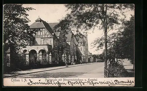 AK Cöthen i. A., Panorama mit Bürgermeisterhaus und Hospital